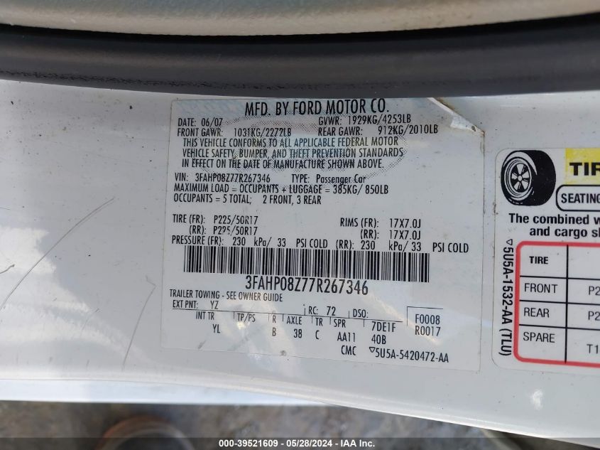 2007 Ford Fusion Sel VIN: 3FAHP08Z77R267346 Lot: 39521609