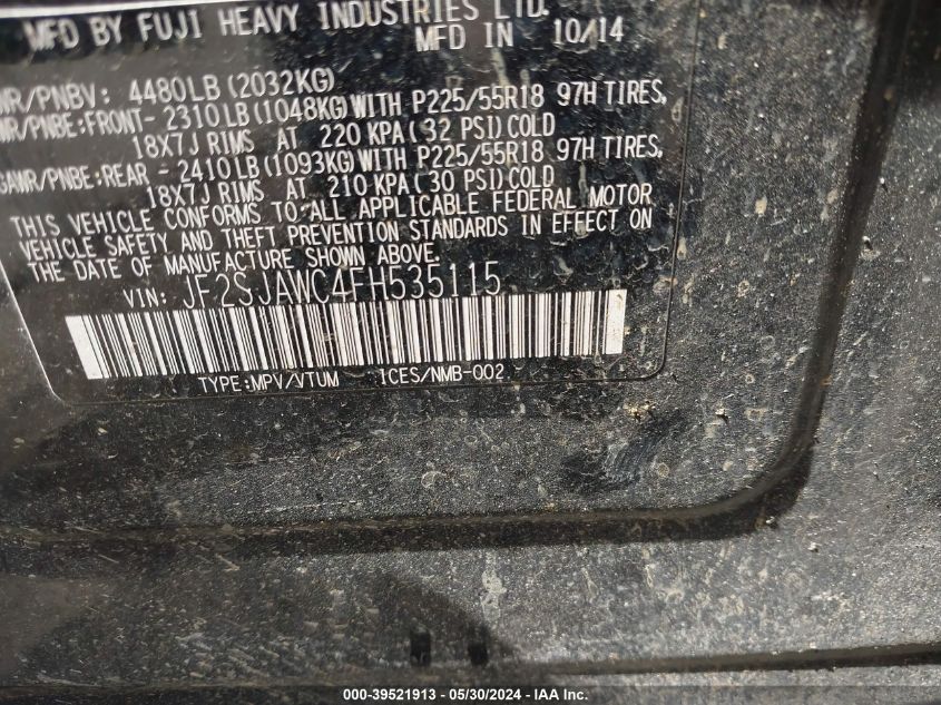 2015 Subaru Forester 2.5I Touring VIN: JF2SJAWC4FH535115 Lot: 39521913