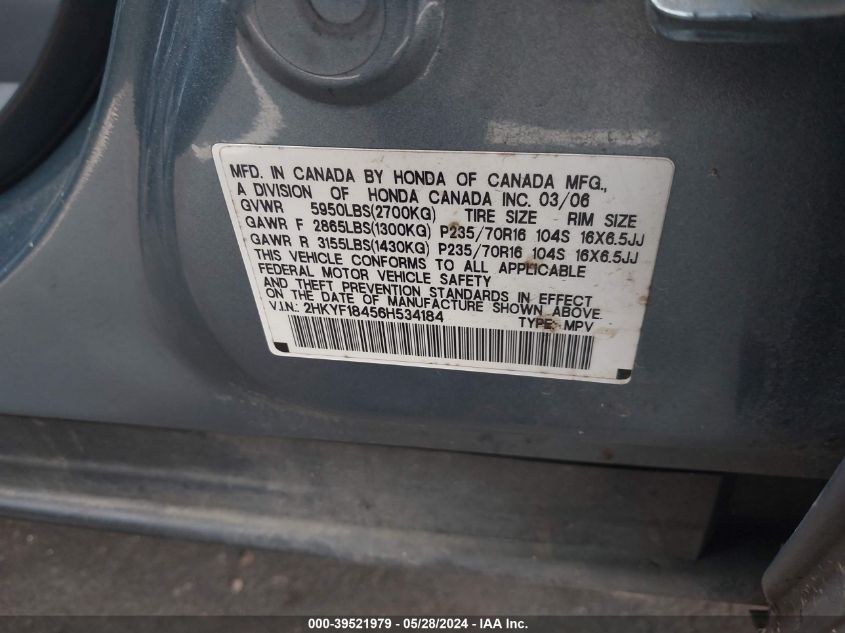 2006 Honda Pilot Ex VIN: 2HKYF18456H534184 Lot: 39521979