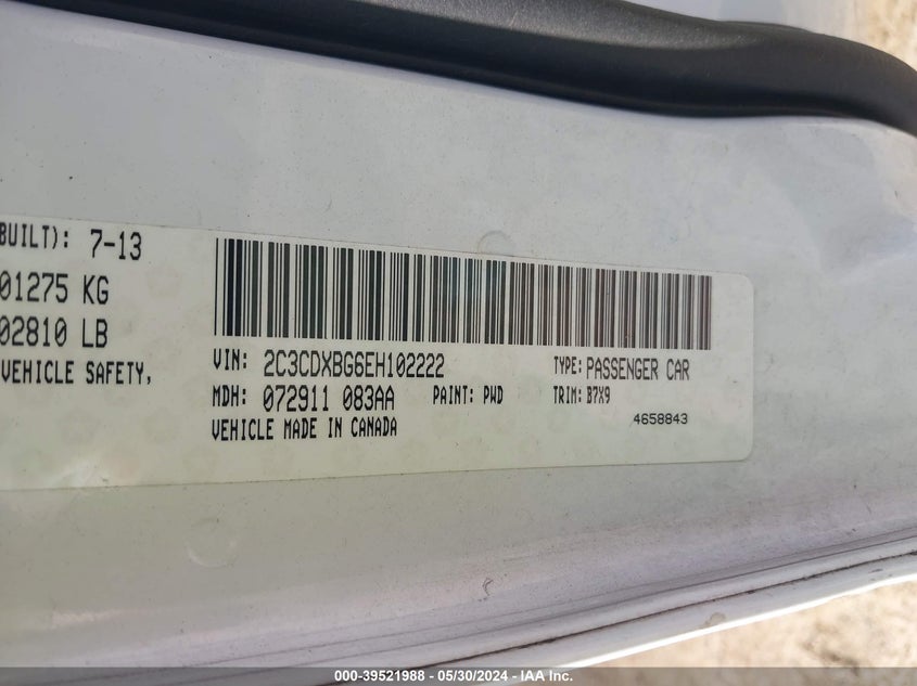 2014 Dodge Charger Se VIN: 2C3CDXBG6EH102222 Lot: 39521988