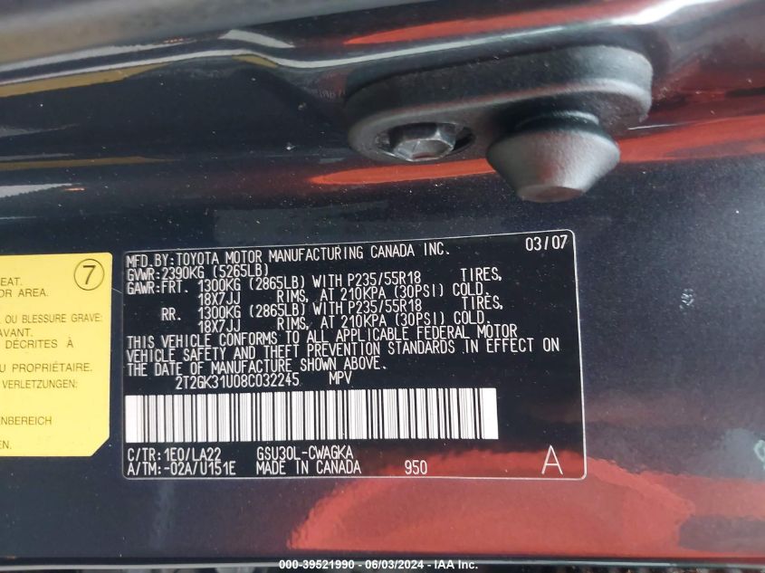 2008 Lexus Rx 350 VIN: 2T2GK31U08C032245 Lot: 39521990