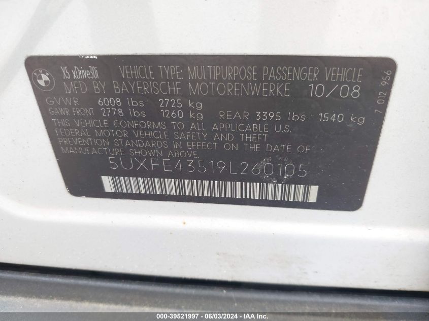 2009 BMW X5 xDrive30I VIN: 5UXFE43519L260105 Lot: 39521997