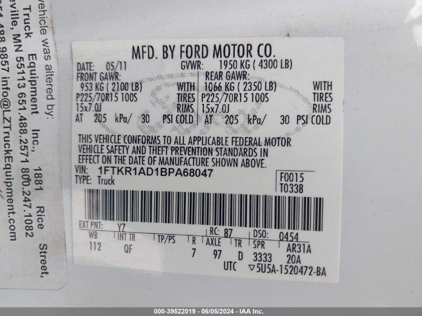 2011 Ford Ranger VIN: 1FTKR1AD1BPA68047 Lot: 39522019