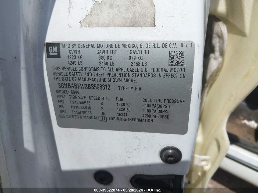 2011 Chevrolet Hhr Lt W/1Lt VIN: 3GNBABFW3BS598813 Lot: 39522074