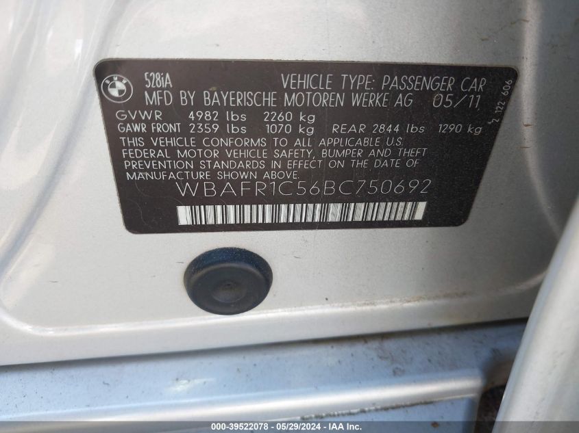 2011 BMW 528I VIN: WBAFR1C56BC750692 Lot: 39522078