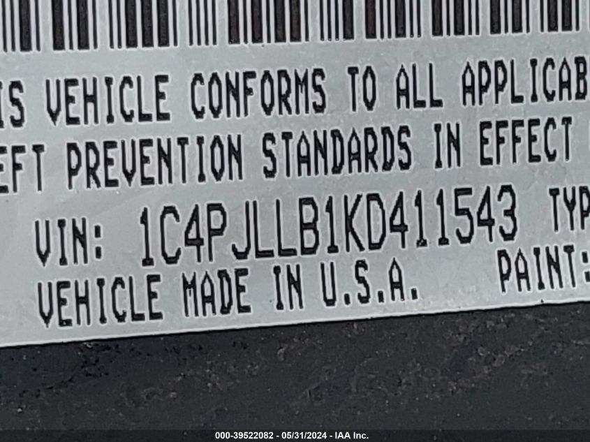 2019 Jeep Cherokee Altitude Fwd VIN: 1C4PJLLB1KD411543 Lot: 39522082