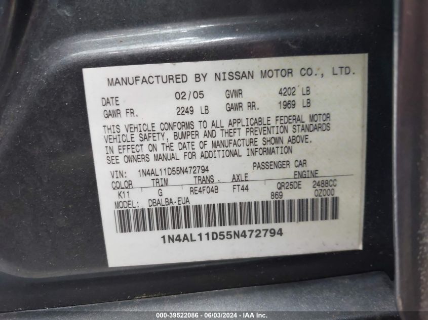 2005 Nissan Altima 2.5 S VIN: 1N4AL11D55N472794 Lot: 39522086