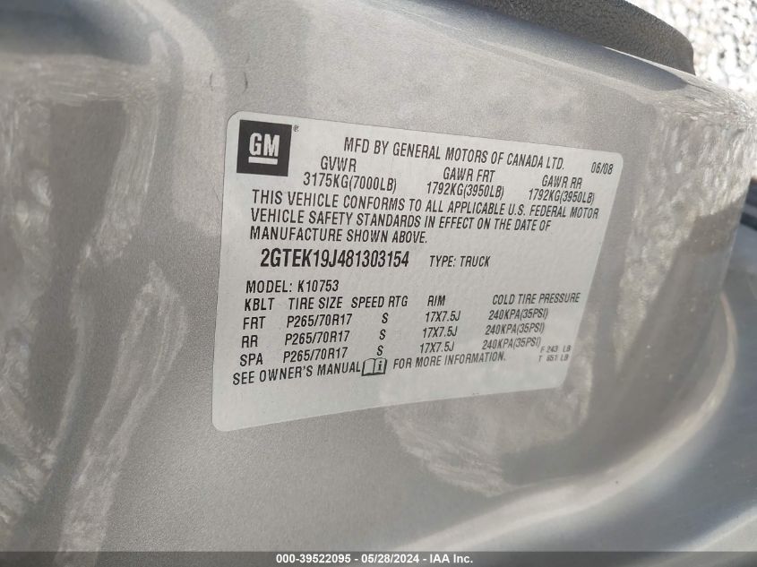 2008 GMC Sierra 1500 Sle1 VIN: 2GTEK19J481303154 Lot: 39522095