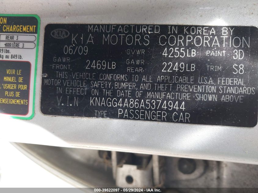 2010 Kia Optima Lx VIN: KNAGG4A86A5374944 Lot: 39522097