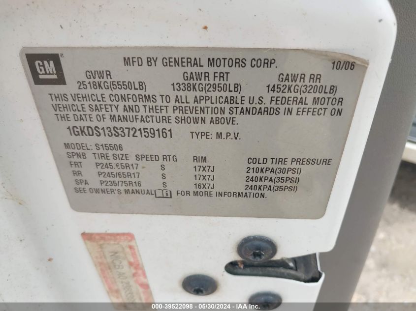 2007 GMC Envoy Sle VIN: 1GKDS13S372159161 Lot: 39522098