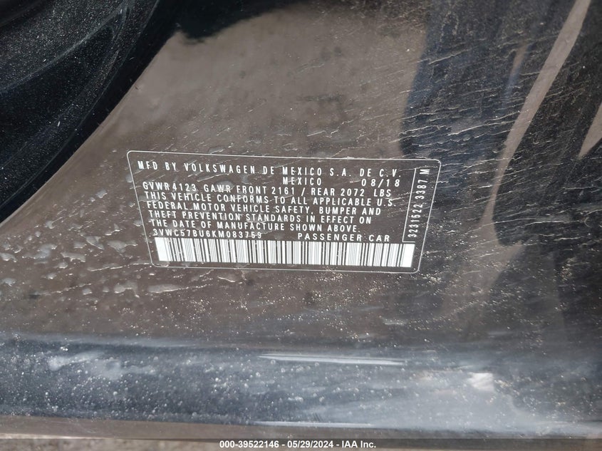 2019 Volkswagen Jetta 1.4T R-Line/1.4T S/1.4T Se VIN: 3VWC57BU6KM083759 Lot: 39522146