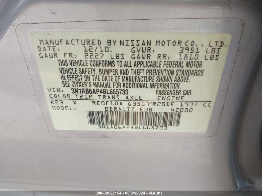 2011 Nissan Sentra 2.0Sr VIN: 3N1AB6AP4BL665733 Lot: 39522154