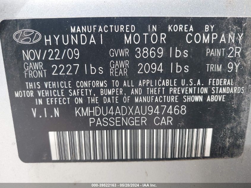 KMHDU4ADXAU947468 | 2010 HYUNDAI ELANTRA