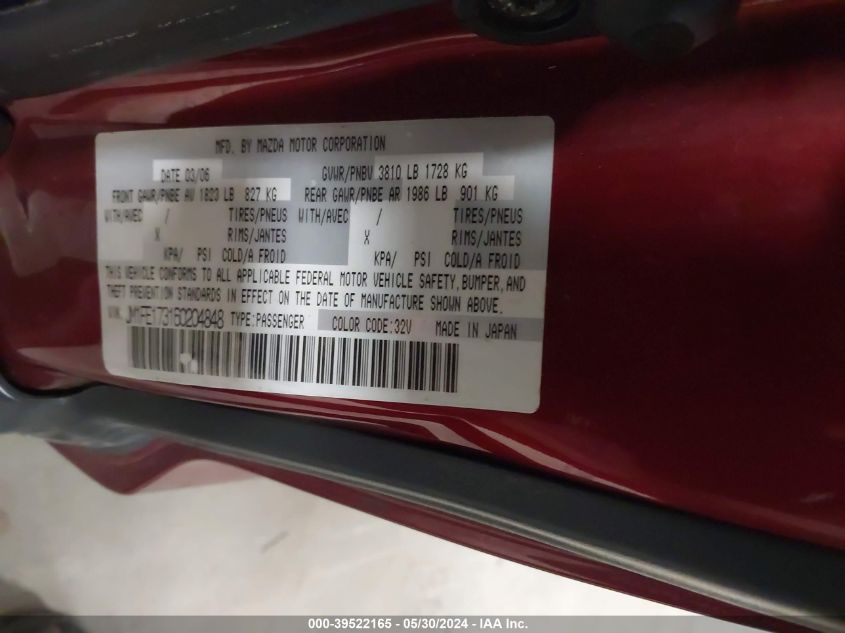 2006 Mazda Rx-8 6 Speed Manual VIN: JM1FE173160204848 Lot: 39522165