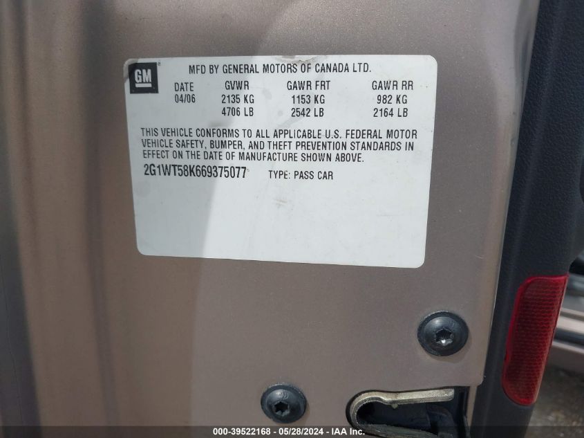 2006 Chevrolet Impala Lt VIN: 2G1WT58K669375077 Lot: 39522168