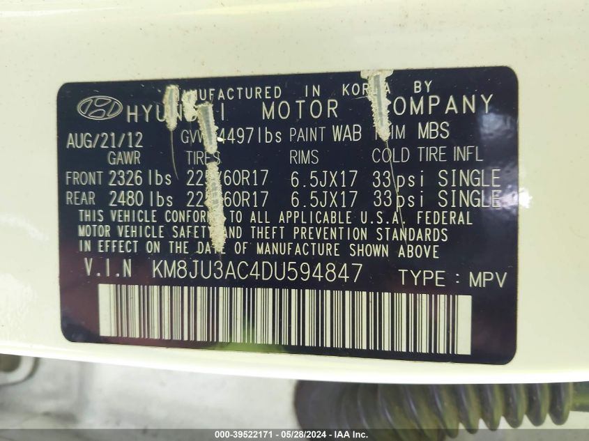 2013 Hyundai Tucson Gls VIN: KM8JU3AC4DU594847 Lot: 39522171