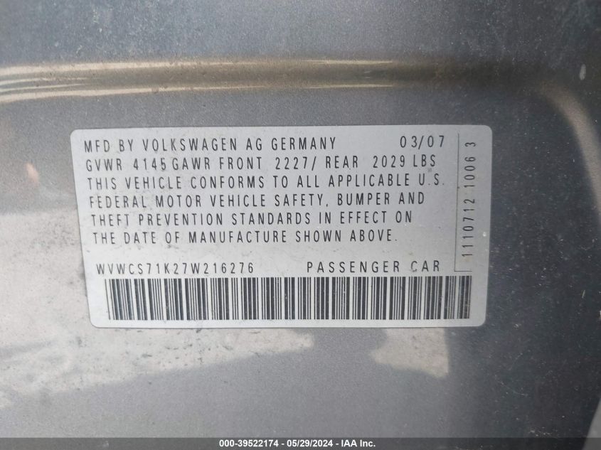 2007 Volkswagen Rabbit 4-Door VIN: WVWCS71K27W216276 Lot: 39522174