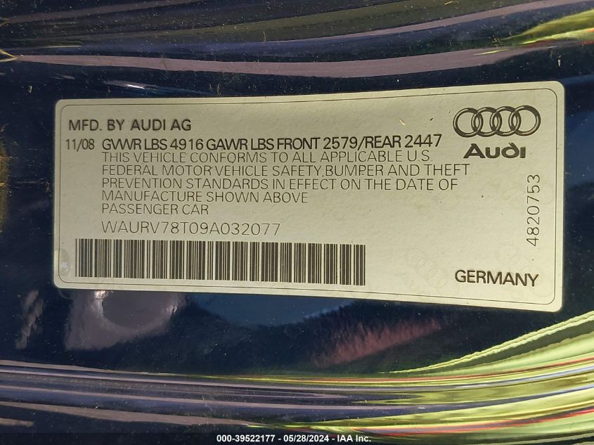 WAURV78T09A032077 | 2009 AUDI S5