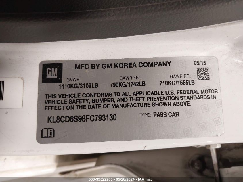 2015 Chevrolet Spark 1Lt Cvt VIN: KL8CD6S98FC793130 Lot: 39522203