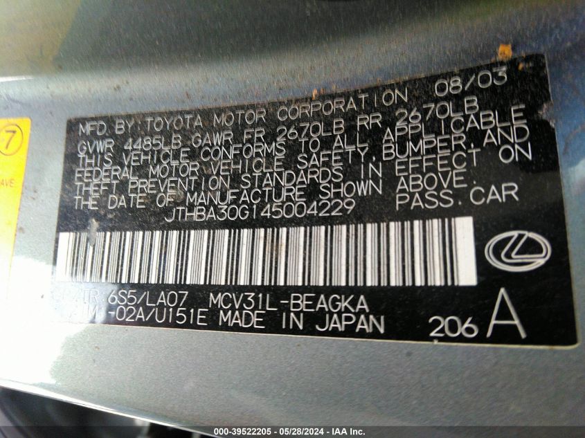 2004 Lexus Es 330 VIN: JTHBA30G145004229 Lot: 39522205