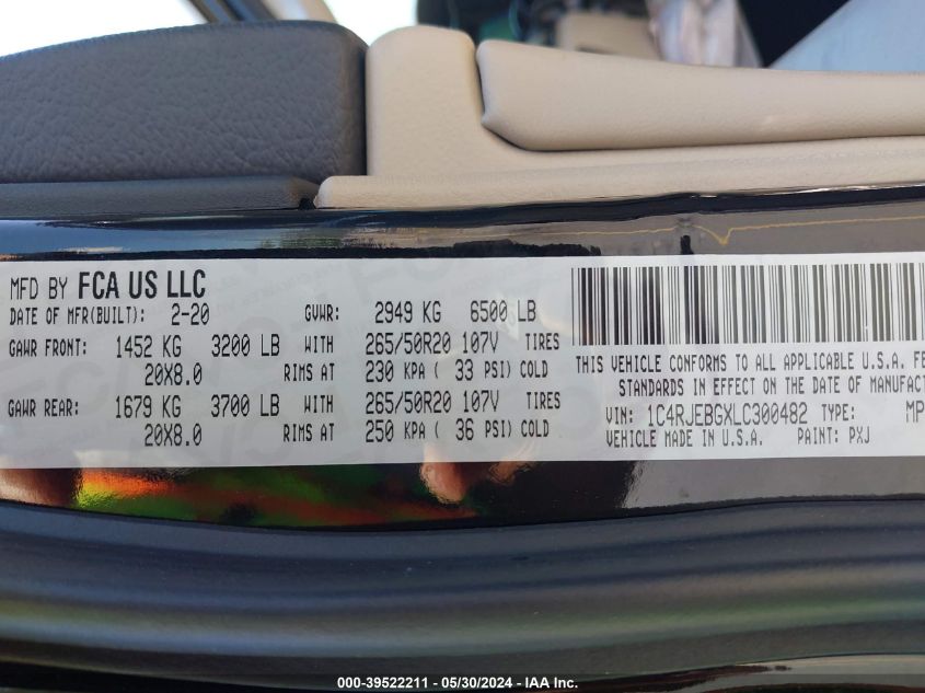 2020 Jeep Grand Cherokee Limited 4X2 VIN: 1C4RJEBGXLC300482 Lot: 39522211