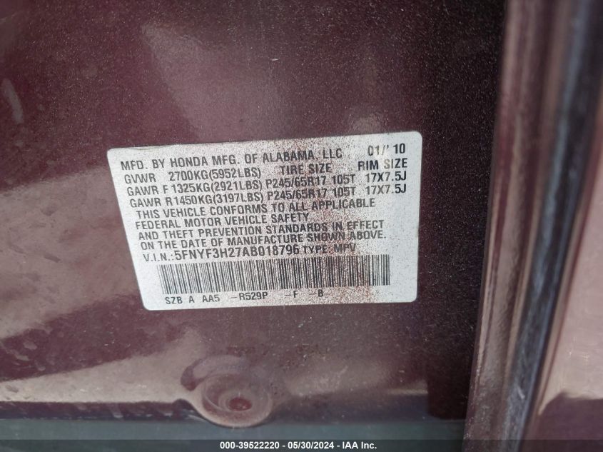 2010 Honda Pilot Lx VIN: 5FNYF3H27AB018796 Lot: 39522220