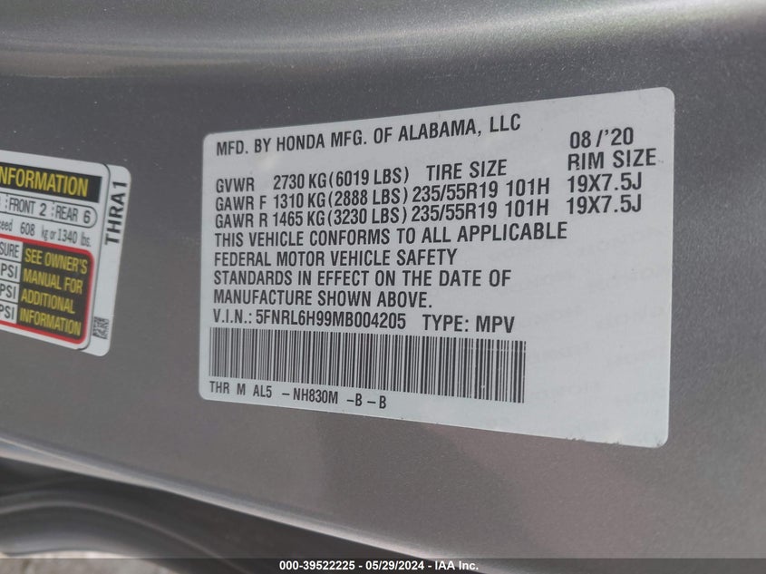2021 Honda Odyssey Elite VIN: 5FNRL6H99MB004205 Lot: 39522225