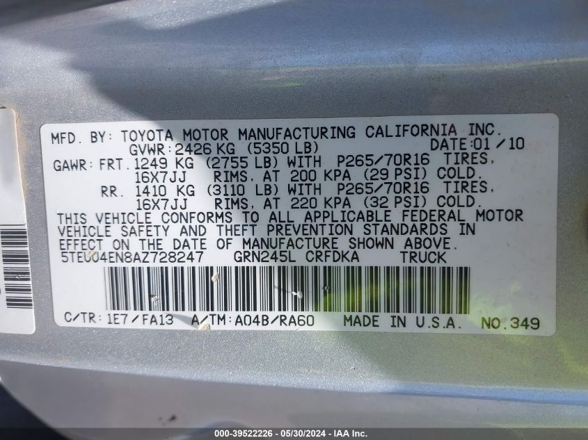 2010 Toyota Tacoma Base V6 VIN: 5TEUU4EN8AZ728247 Lot: 39522226