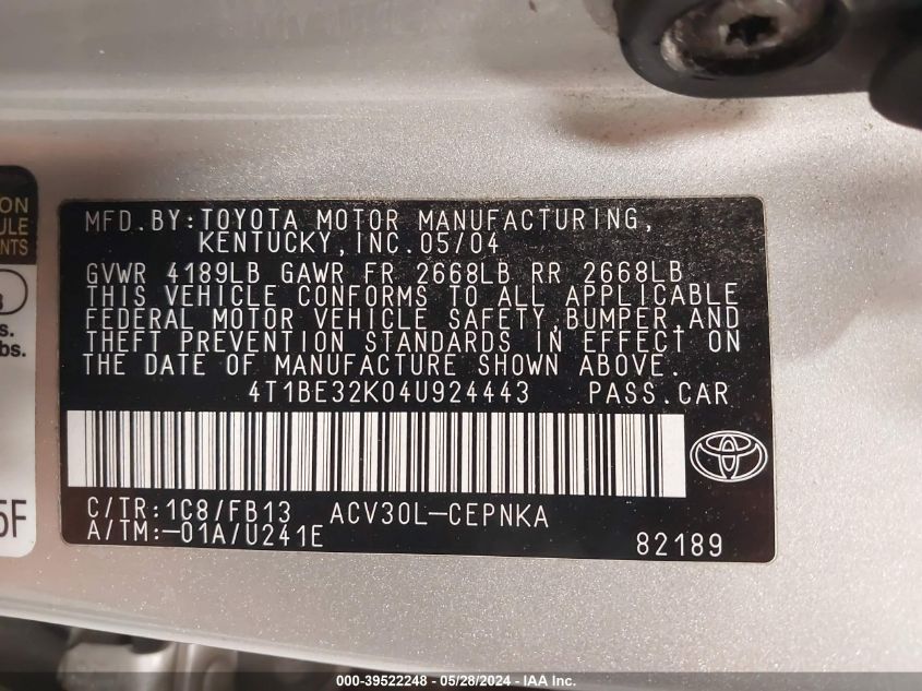 2004 Toyota Camry Le VIN: 4T1BE32K04U924443 Lot: 39522248