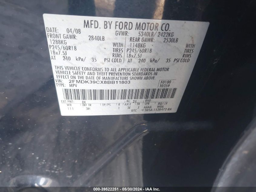 2008 Ford Edge Limited VIN: 2FMDK39CX8BB11803 Lot: 39522251