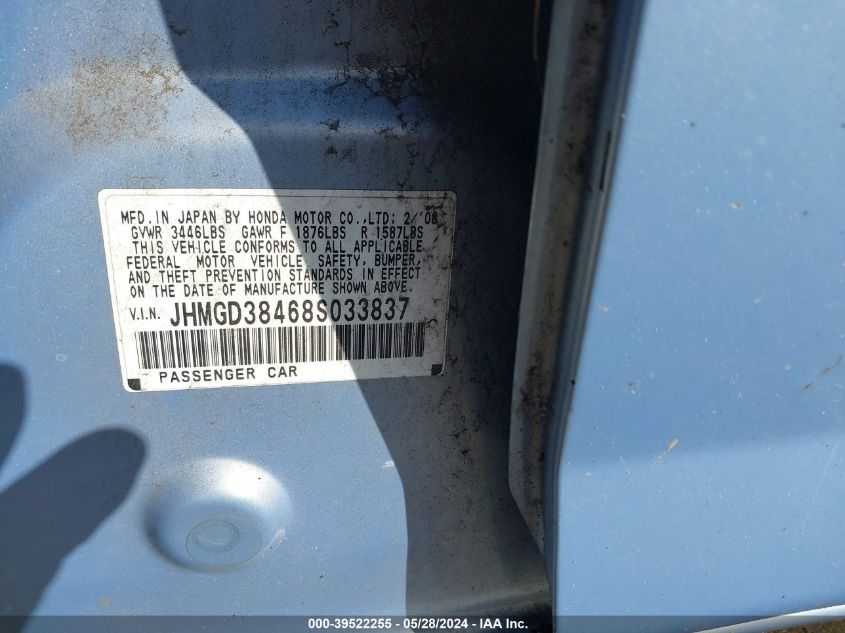 2008 Honda Fit VIN: JHMGD38468S033837 Lot: 39522255