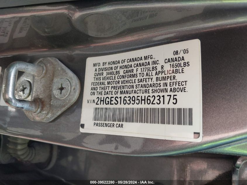 2HGES16395H623175 | 2005 HONDA CIVIC