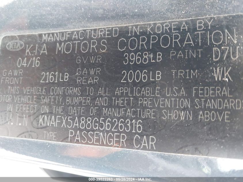 2016 Kia Forte Ex VIN: KNAFX5A88G5626316 Lot: 39522283