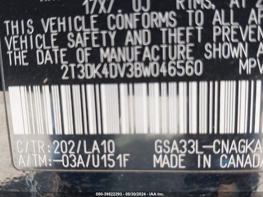 2011 Toyota Rav4 Limited V6 VIN: 2T3DK4DV3BW046560 Lot: 39522293