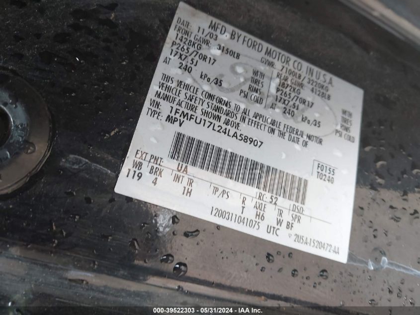 2004 Ford Expedition Eddie Bauer VIN: 1FMFU17L24LA58907 Lot: 39522303