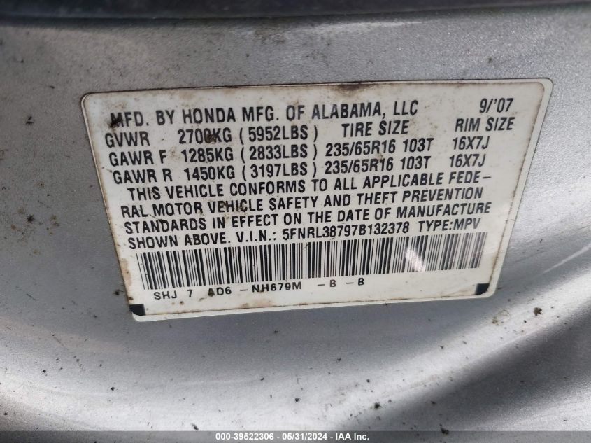 2007 Honda Odyssey Ex-L VIN: 5FNRL38797B132378 Lot: 39522306