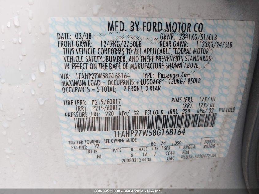 2008 Ford Taurus Sel VIN: 1FAHP27W58G168164 Lot: 39522308