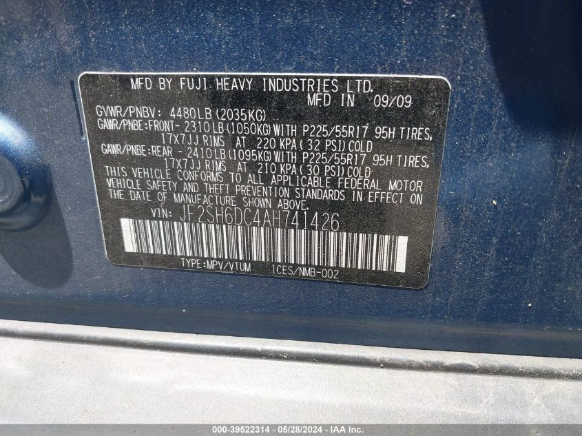 2010 Subaru Forester 2.5X Limited VIN: JF2SH6DC4AH741426 Lot: 39522314