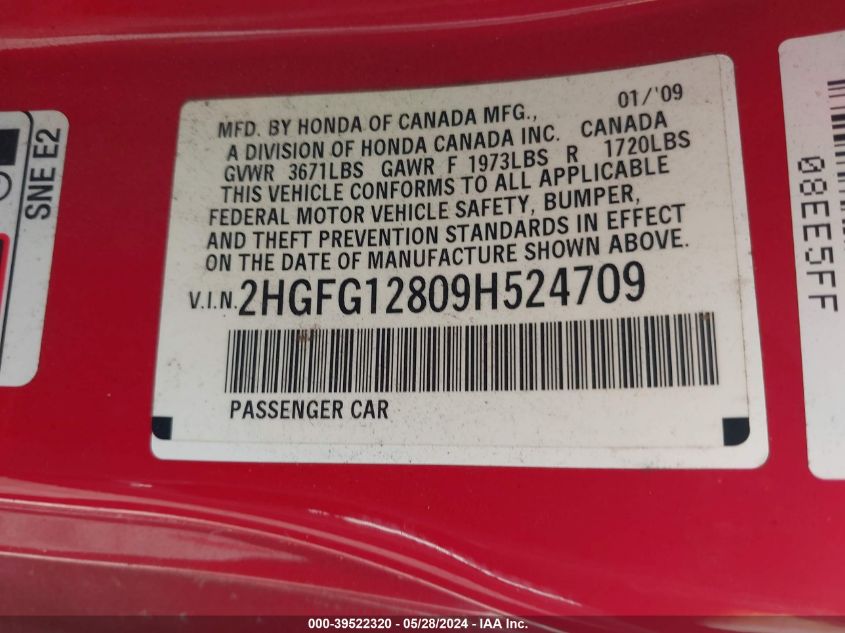 2009 Honda Civic Ex VIN: 2HGFG12809H524709 Lot: 39522320