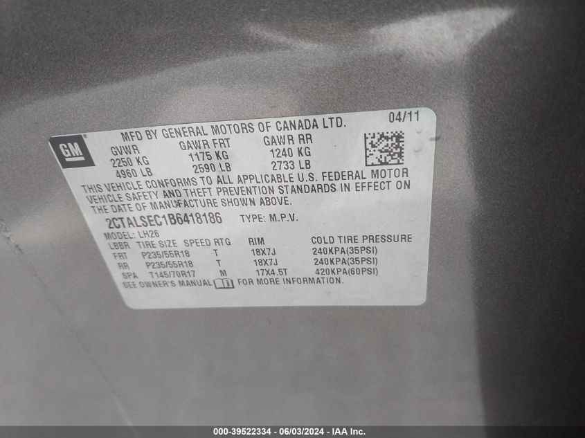 2011 GMC Terrain Sle-2 VIN: 2CTALSEC1B6418186 Lot: 39522334