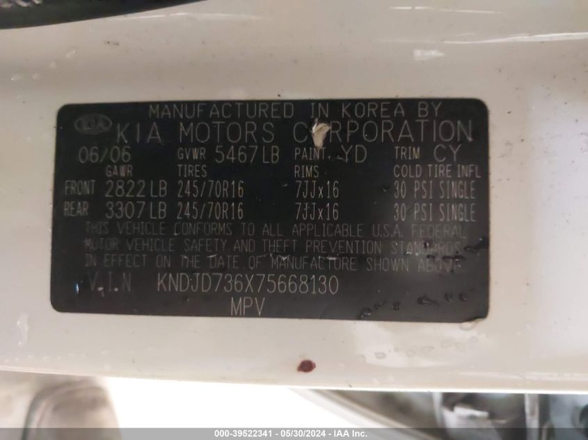 2007 Kia Sorento Ex VIN: KNDJD736X75668130 Lot: 39522341