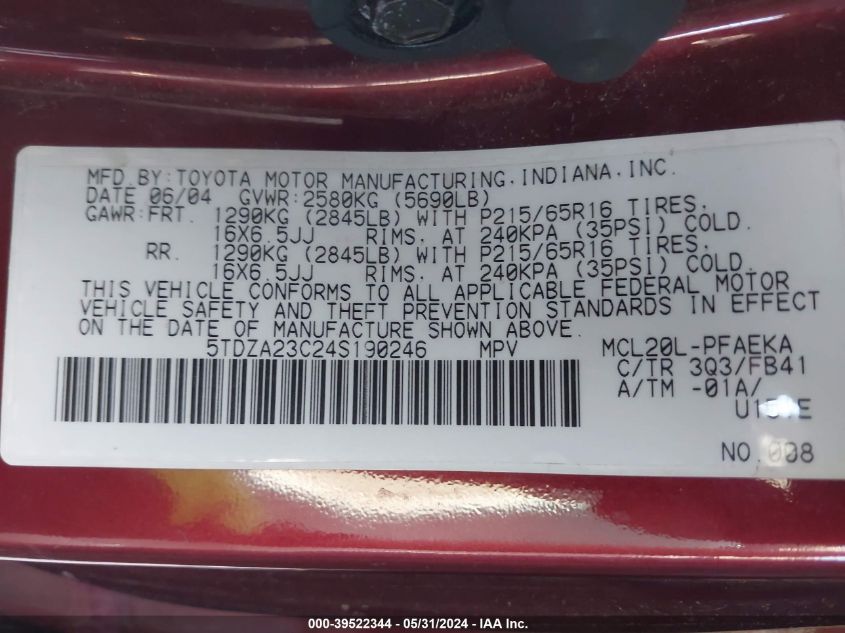 2004 Toyota Sienna Le VIN: 5TDZA23C24S190246 Lot: 39522344