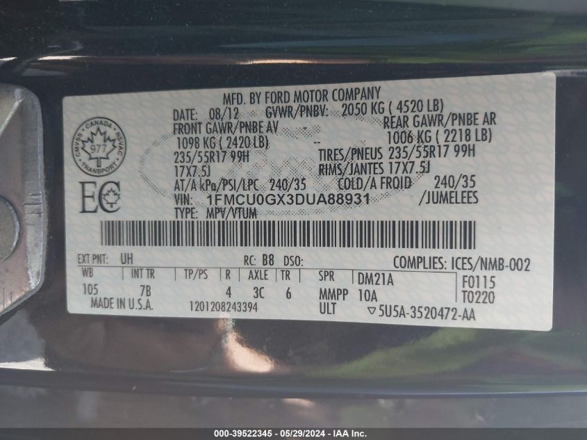 2013 Ford Escape Se VIN: 1FMCU0GX3DUA88931 Lot: 39522345