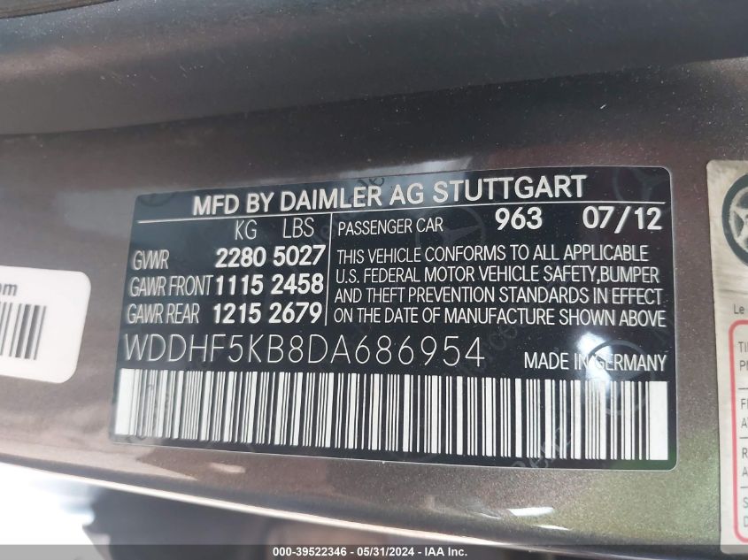 2013 Mercedes-Benz E 350 VIN: WDDHF5KB8DA686954 Lot: 39522346