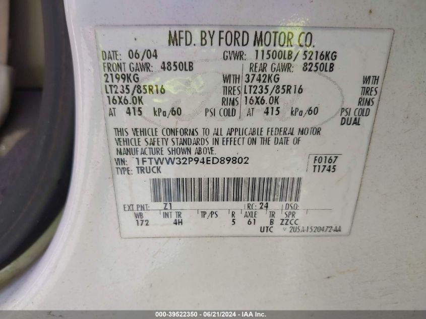 2004 Ford F-350 Lariat/Xl/Xlt VIN: 1FTWW32P94ED89802 Lot: 39522350