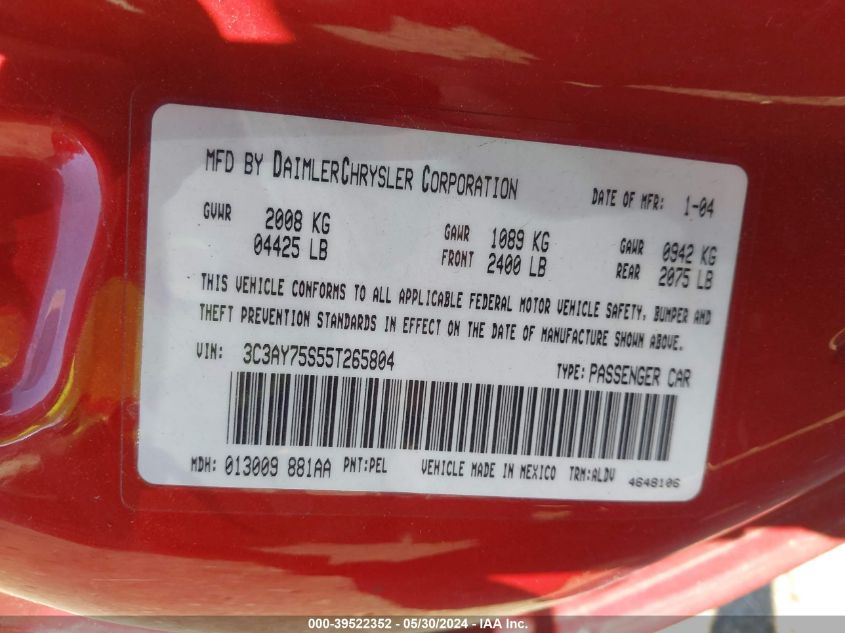 2005 Chrysler Pt Cruiser Gt VIN: 3C3AY75S55T265804 Lot: 39522352