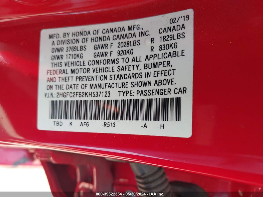 2019 Honda Civic Lx VIN: 2HGFC2F62KH537123 Lot: 39522354