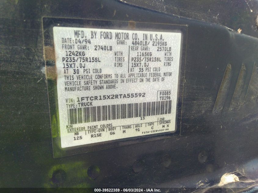 1994 Ford Ranger Super Cab VIN: 1FTCR15X2RTA55592 Lot: 39522359