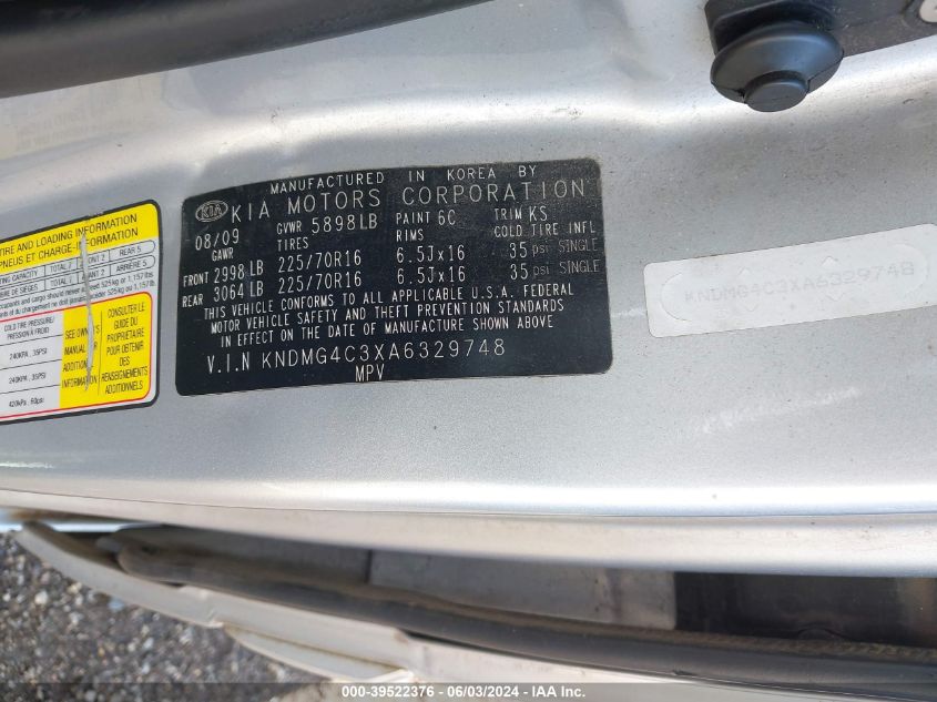 2010 Kia Sedona Lx VIN: KNDMG4C3XA6329748 Lot: 39522376