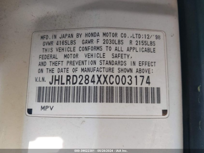 1999 Honda Cr-V Lx VIN: JHLRD284XXC003174 Lot: 39522381